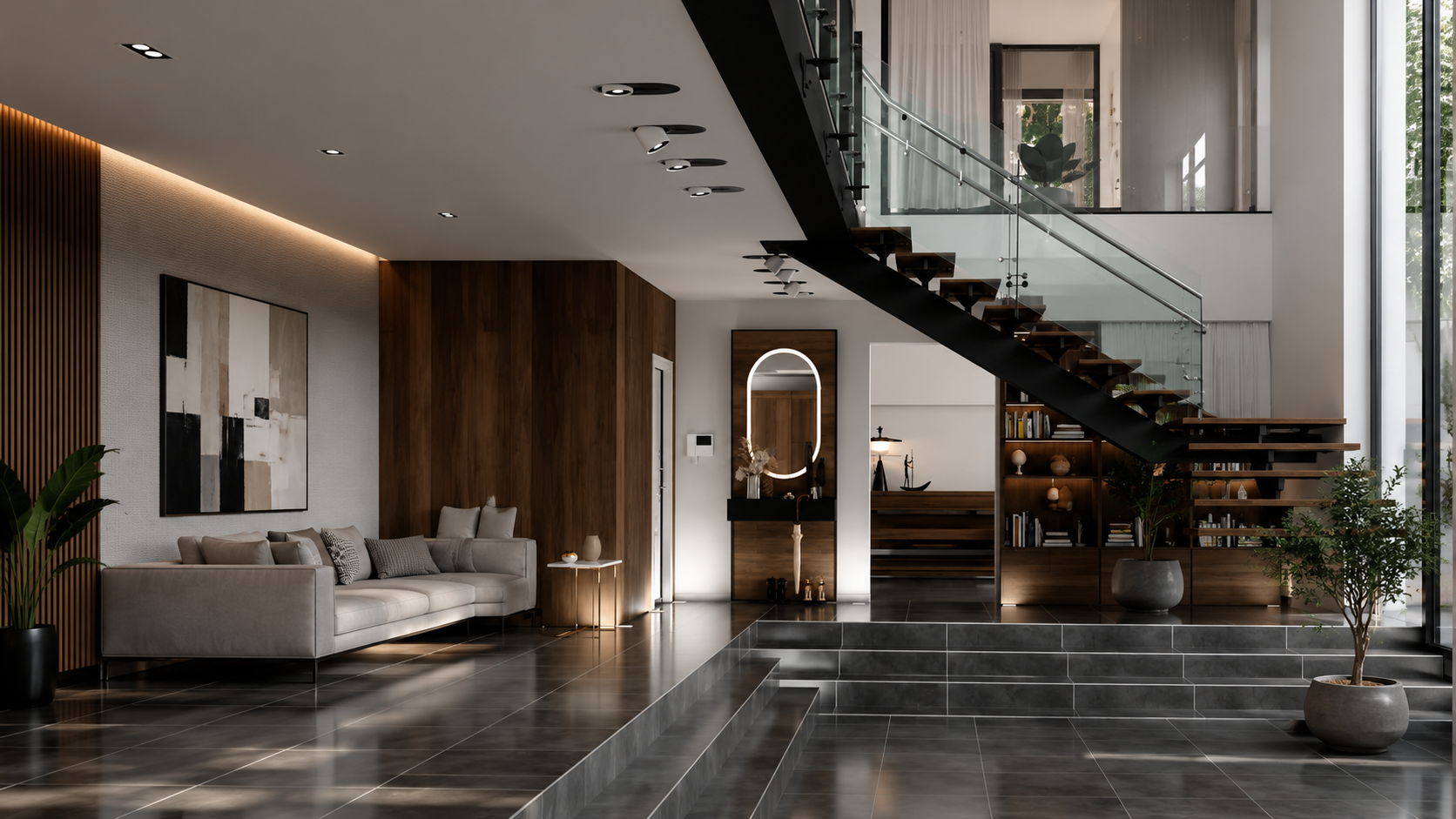 Luxury modern home with expansive windows and bright interior, warm afternoon light, upscale residential exterior